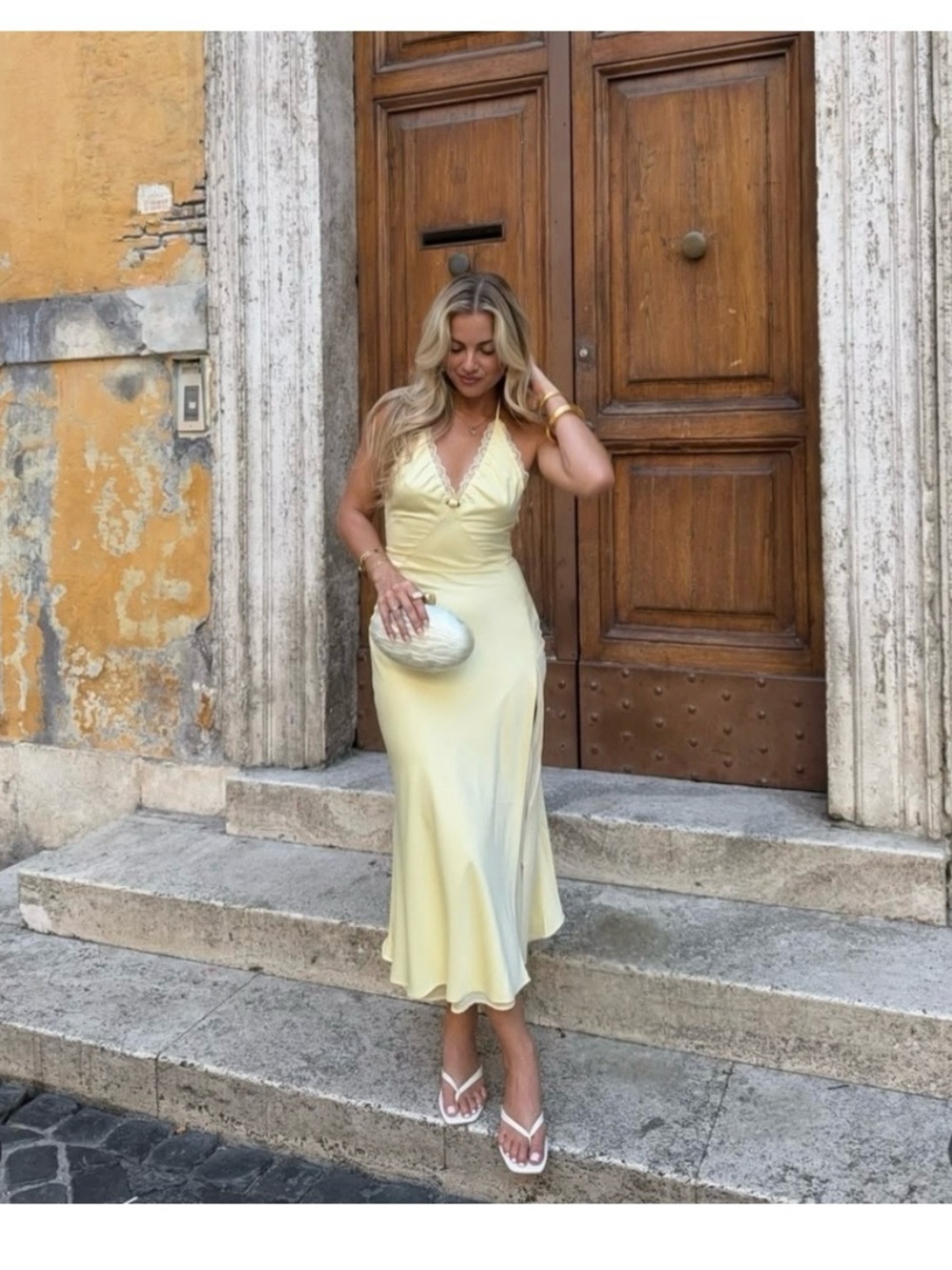 REVOLVE Pale Yellow Lace-Trim Satin Midi Dress